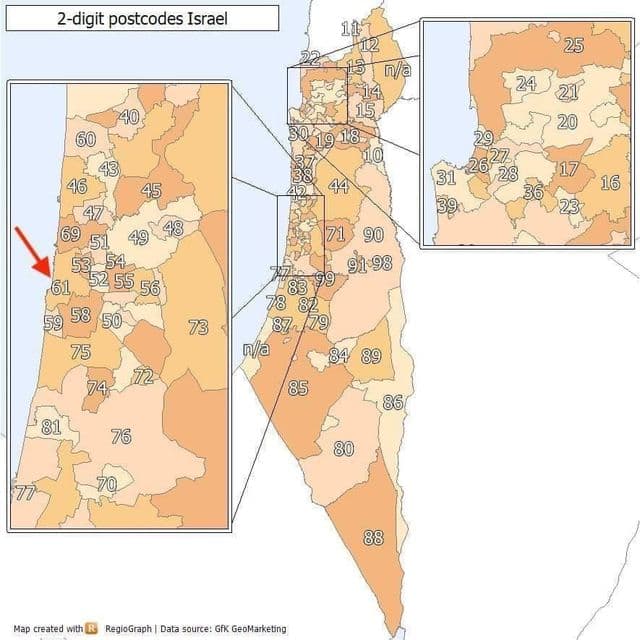 Plan des codes postaux de Tel Aviv